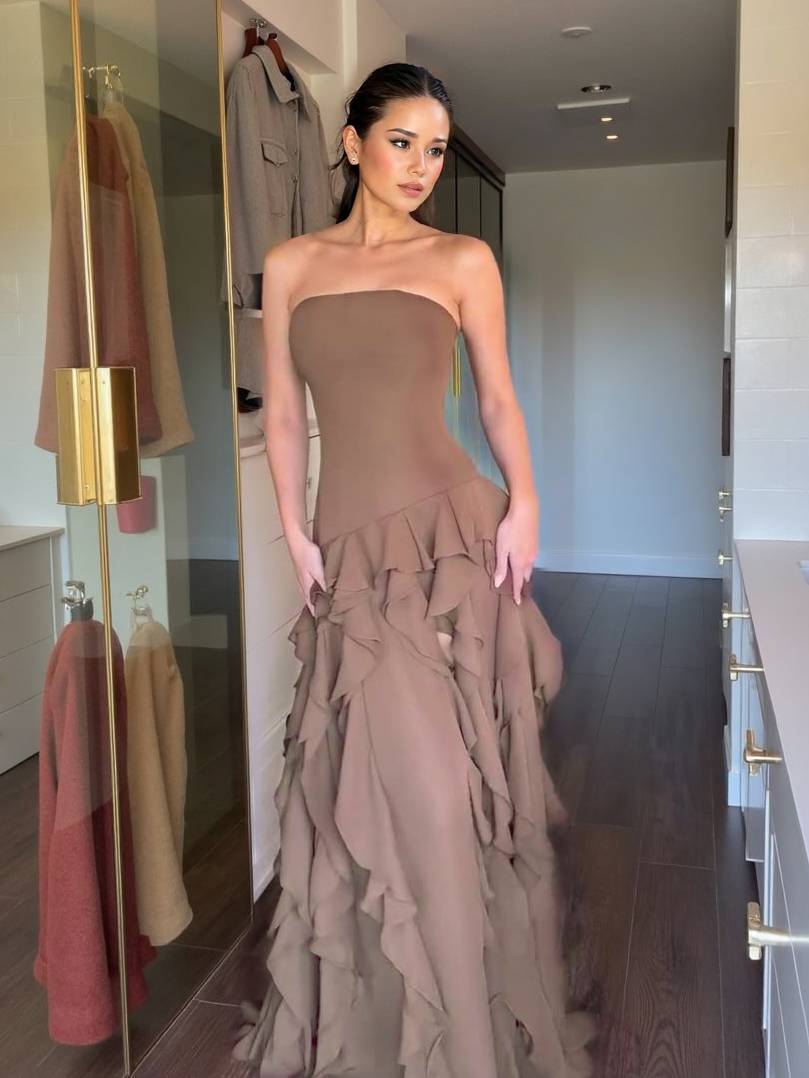Tube Top Multi-layer Ruffled Side Slit Maxi Dress Brown