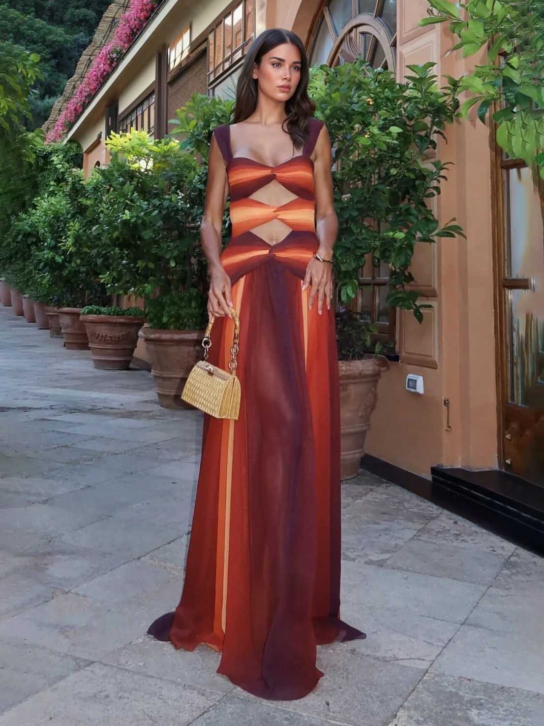 Elegant Gradient Print Sexy Hollow Maxi Dress Orange