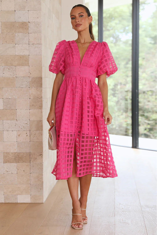 Garden Of Romance Puff Sleeve Midi Dress - 9 Colors Rose Pink