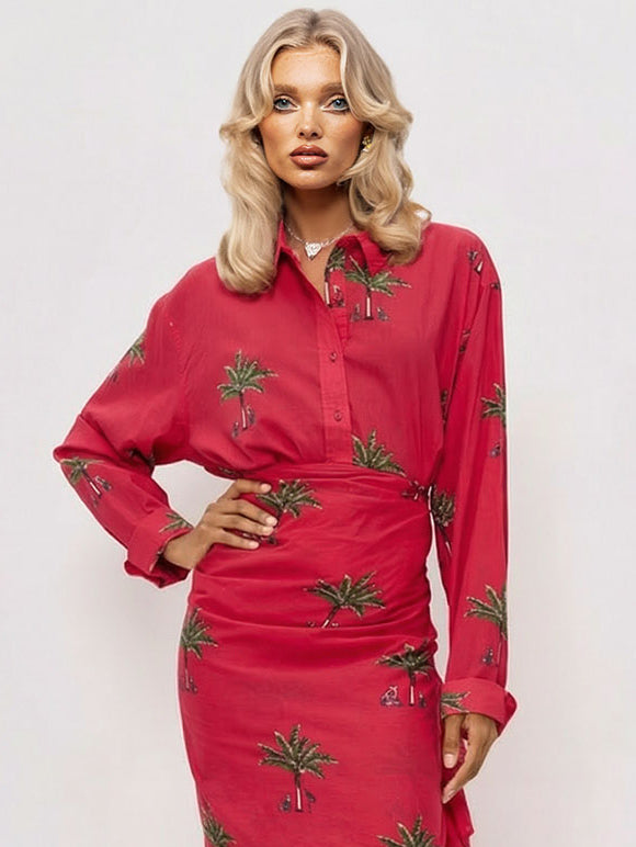 Casual Printed Wrap-Style Tie-Front Skirt Red Top