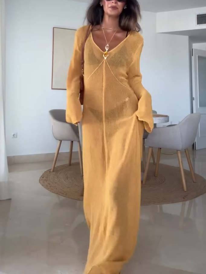 Vacation Style Loose Semi-permeable Knitted Maxi Dress Yellow