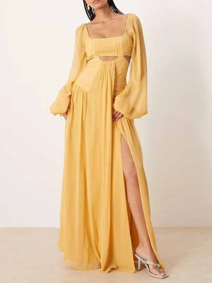 Vintage Square Collar Hollow Design Long Sleeve Maxi Dress Yellow