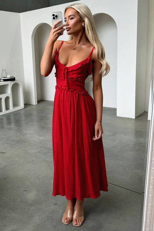 Confident Cutie Spaghetti Ruffled Midi Dress - 2 Colors