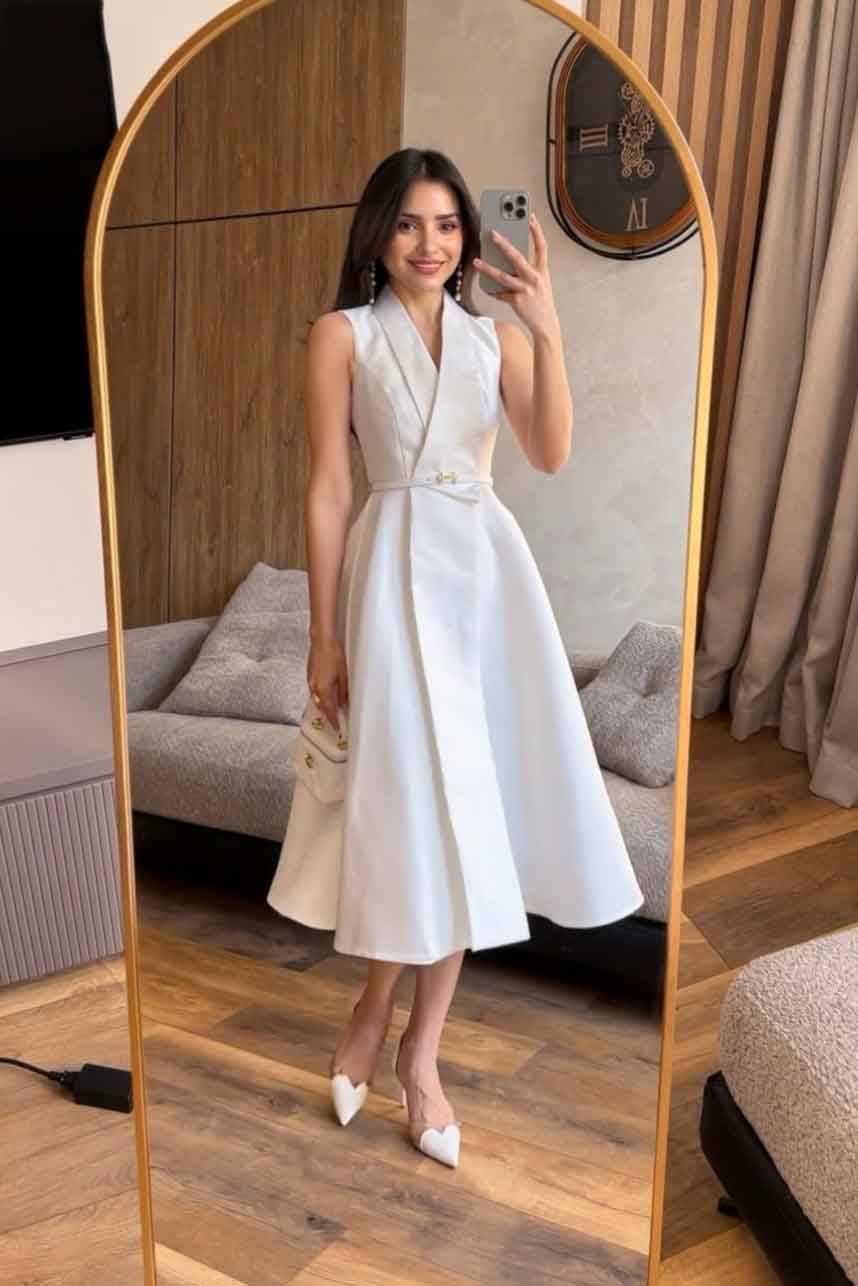 V-Neck High-waisted A- Line Midi Dress White