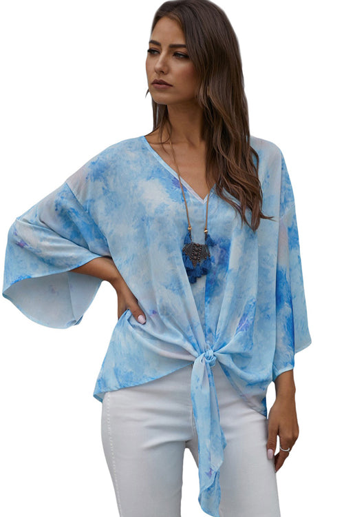 Flying High Tie-Dyed V-Neck Top - 2 Colors Blue