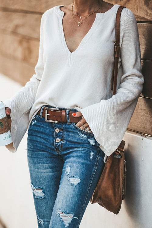 Sleepy Sunday V-Neck OL Knit Sweater - 5 Colors White