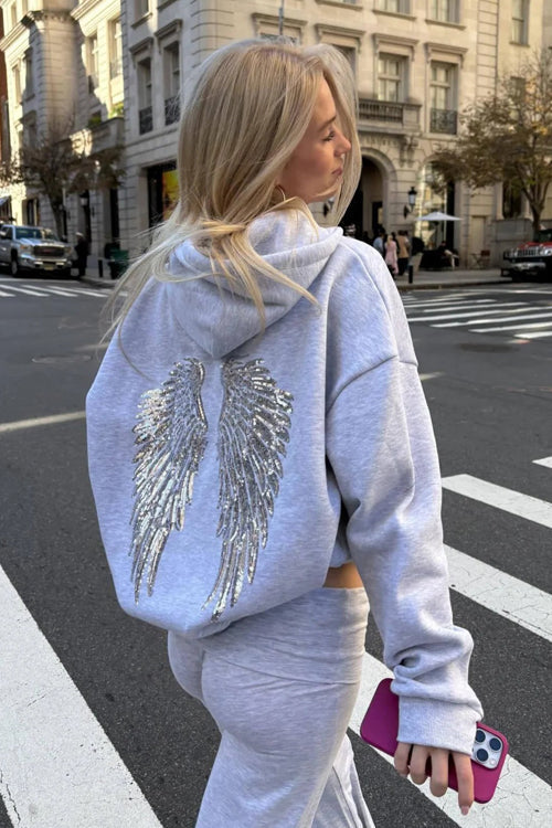 Casual Energy Sequin Wing Graphic Relaxed Hoodie