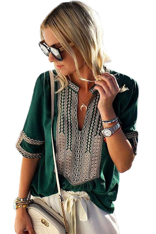 Go-Better Boho Embroidery Short Sleeve Top - 4 Colors Green