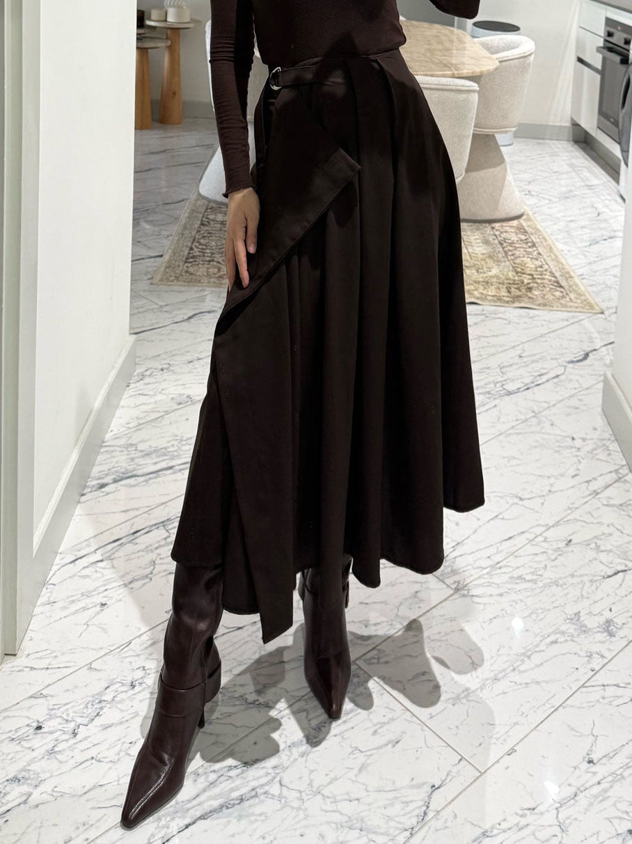 Exquisite Pleated Flared Midi Skirt Two-Piece Set Brown Skirt