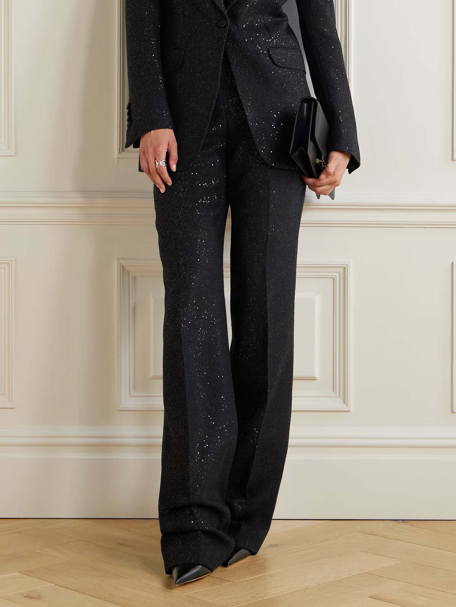 Exquisite Sequin-Embellished Slim-Fit Trousers Black