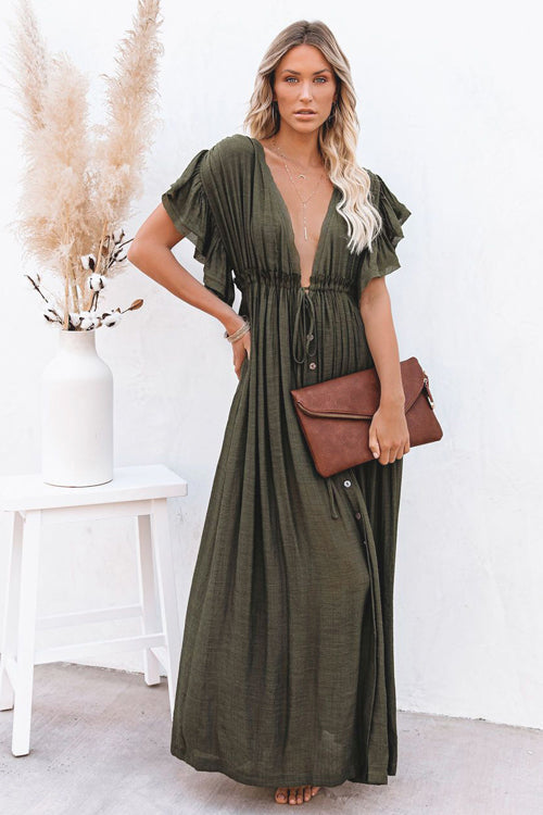 Sunshine And Fun Ruffled Beach Wear Maxi Dress - 8 Colors One Size Olive Green