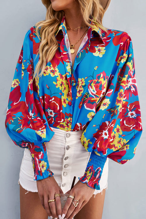 Life Of Love Print Button Down Smocked Top - 7 Colors Blue&Red