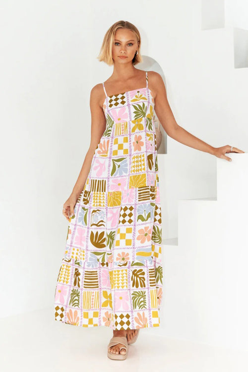 Living Is Easy Sleeveless Printed Maxi Dress - 4 Colors Green&Yellow Print
