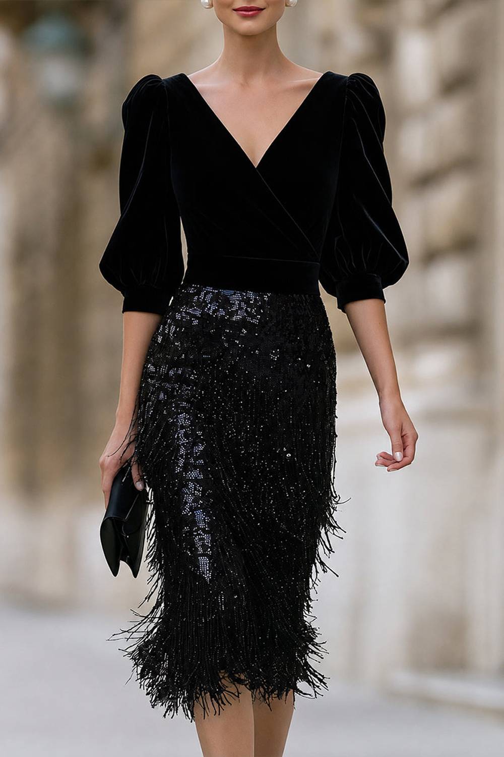 V‑Neck Puff Sleeve Velvet Bodice Sequin Fringe Midi Dress
