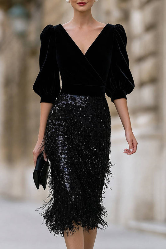 V‑Neck Puff Sleeve Velvet Bodice Sequin Fringe Midi Dress