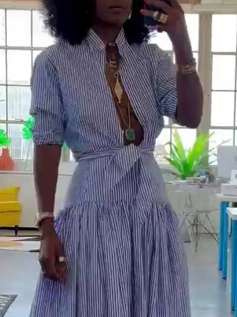 Striped Stand Collar Shirt And Skirt Suit-Shirt Blue