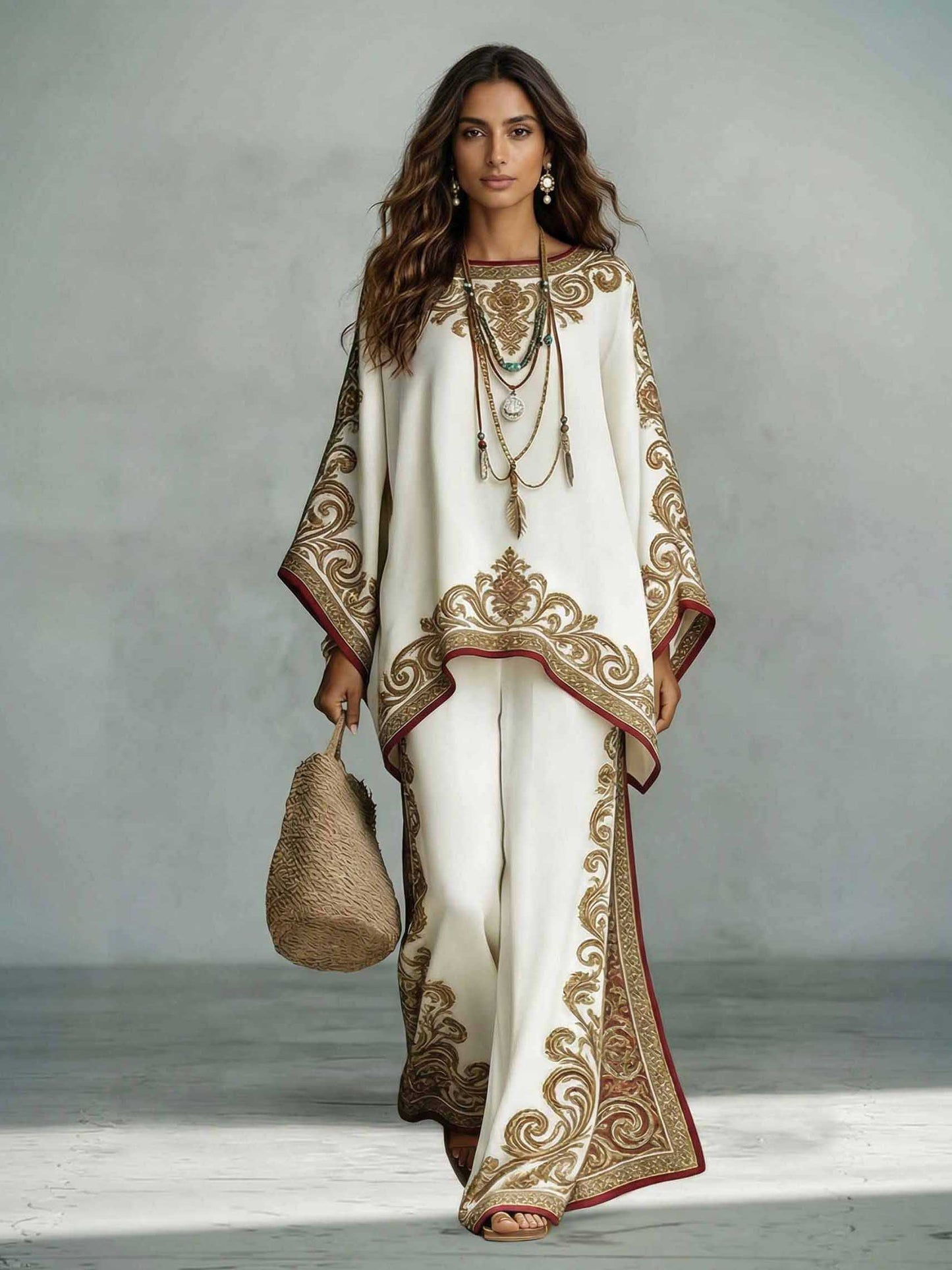 Elegant Satin Printed Oversized Shawl Top & Pants Two-Piece Set Cream