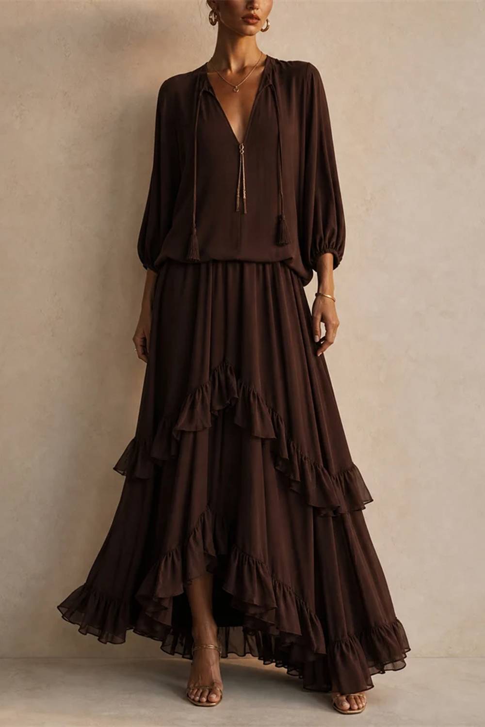 Boho Tassel Tie Blouse & Tiered Ruffle Maxi Skirt Two‑Piece Set