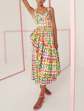 Rainbow Color Check Print Suspender Dress Printed