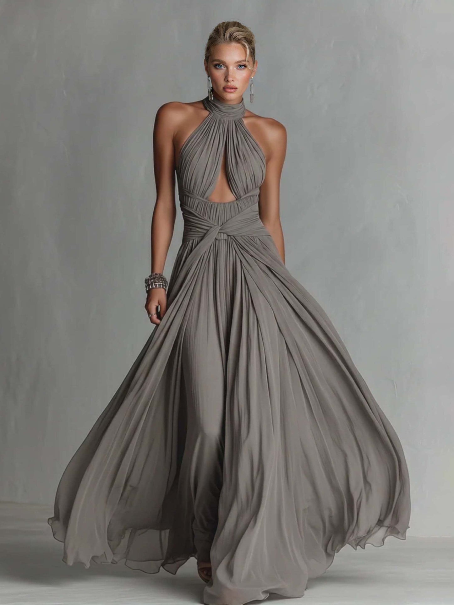 Elegant High-Neck Ruched Cut-Out Flowing Maxi Dress Gray