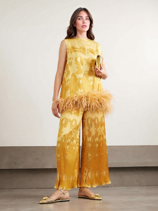 Exquisite Abstract Print Pleated Wide-Leg Pants Yellow Set