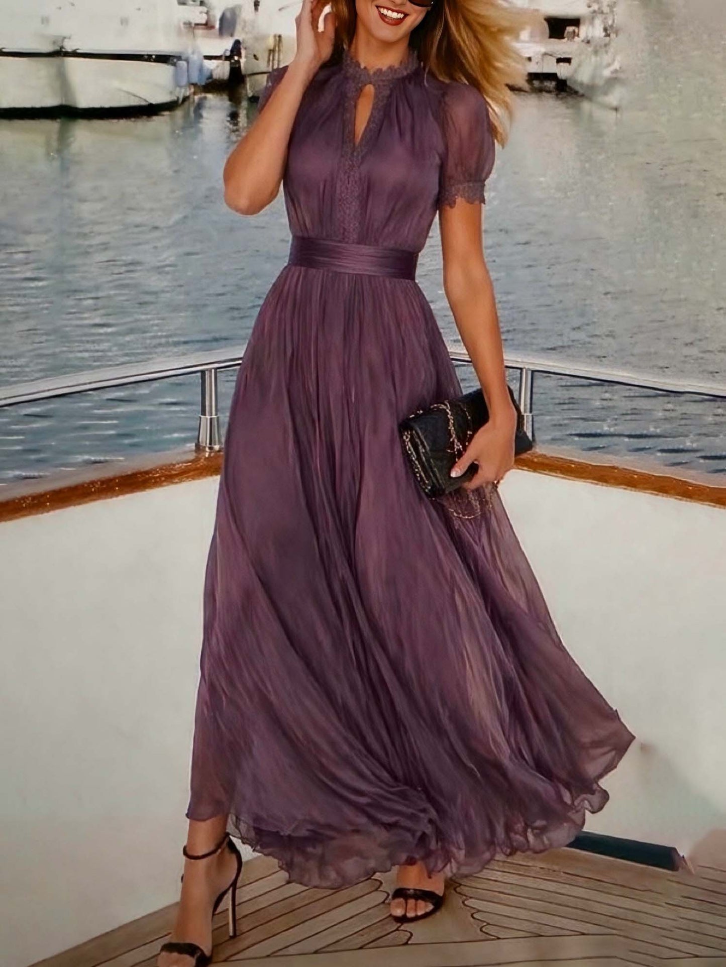 Elegant Lace Trim Pleated Chiffon Maxi Dress Purple