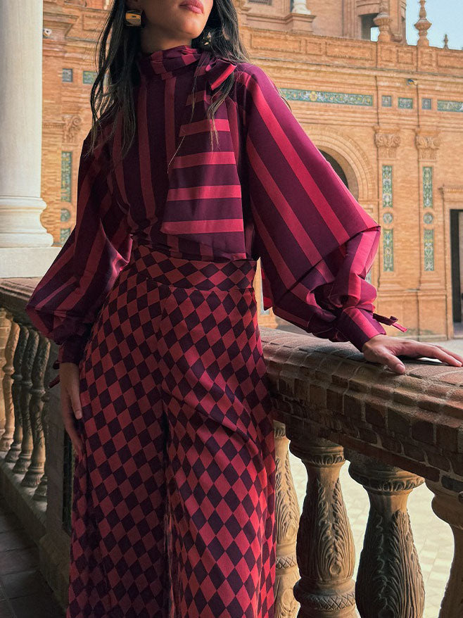 Elegant Striped High-Neck Lantern Sleeve Blouse Red