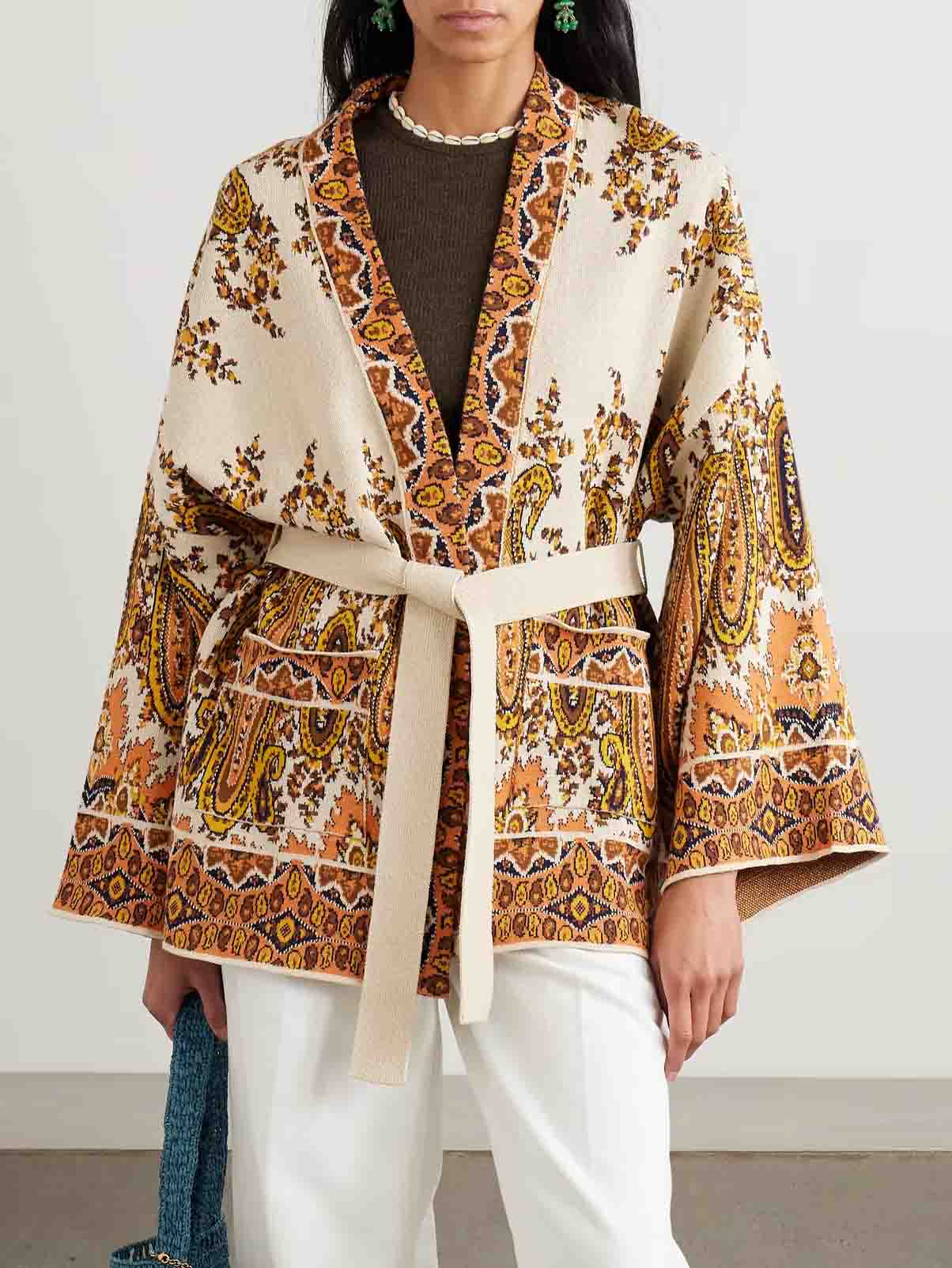 Retro Colorful Paisley Pattern Sweater Jacket Cream