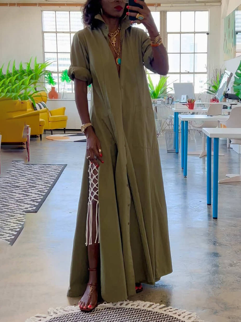 Casual V-Neck Buttoned Slit Loose Maxi Cardigan Dress Green