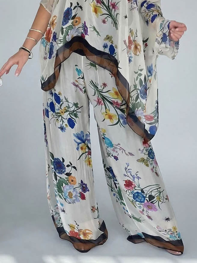 Elegant Sheer Floral Print Asymmetrical One-Shoulder Top & Wide Leg Pants Set Multi Pants