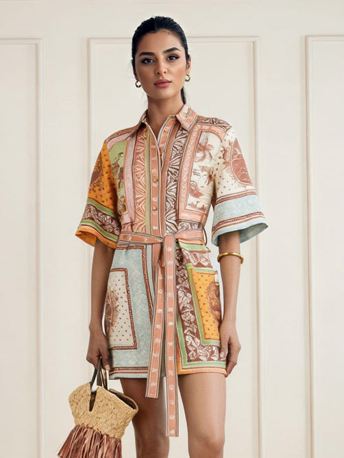 Retro Scarf Print Short-sleeved Tie-front Shirt Dress Multi