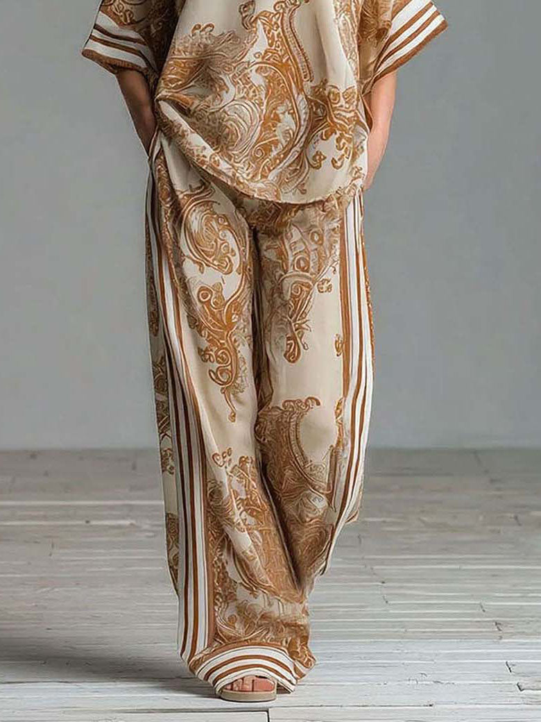 Bohemian Paisley Print Top & Wide-Leg Pants Two-Piece Set Khaki Pants