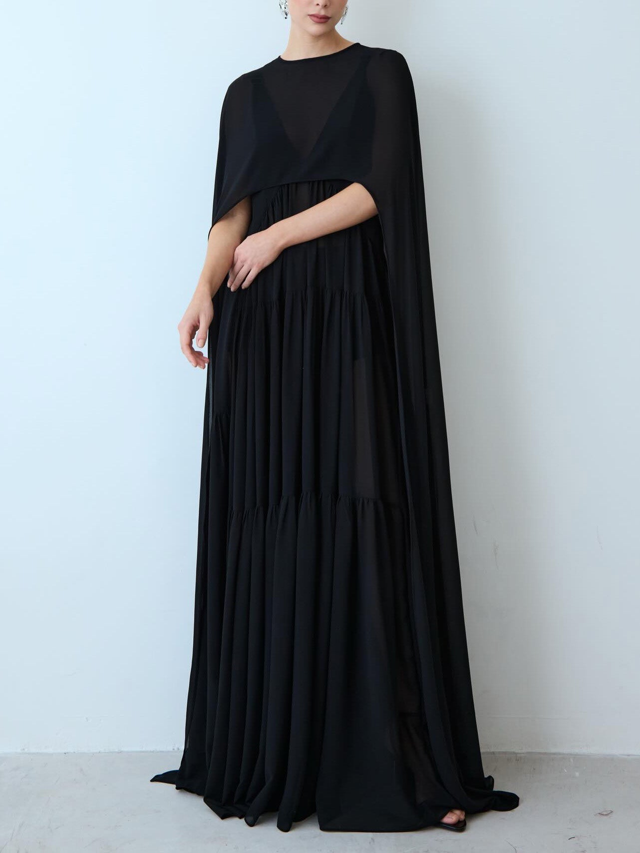 Exquisite V-neck Layered Chiffon Shawl Maxi Dress Black