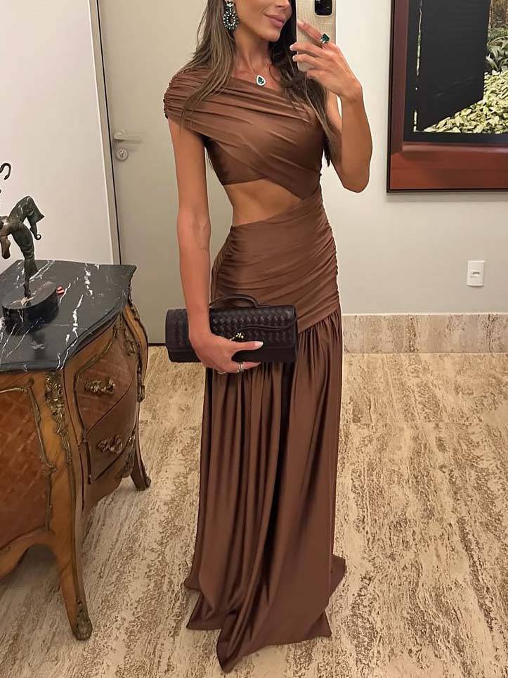 Unique Off-shoulder Waist Hollow Maxi Dress Brown
