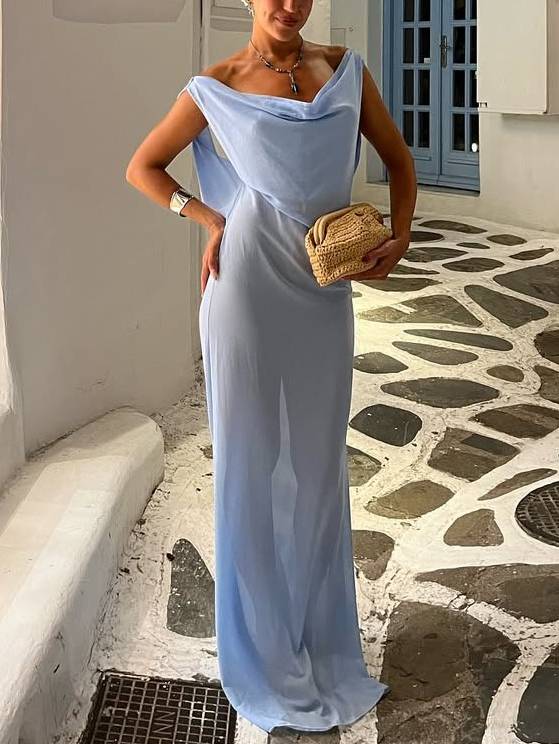 Swing Neck Backless See-through Maxi Dress Blue
