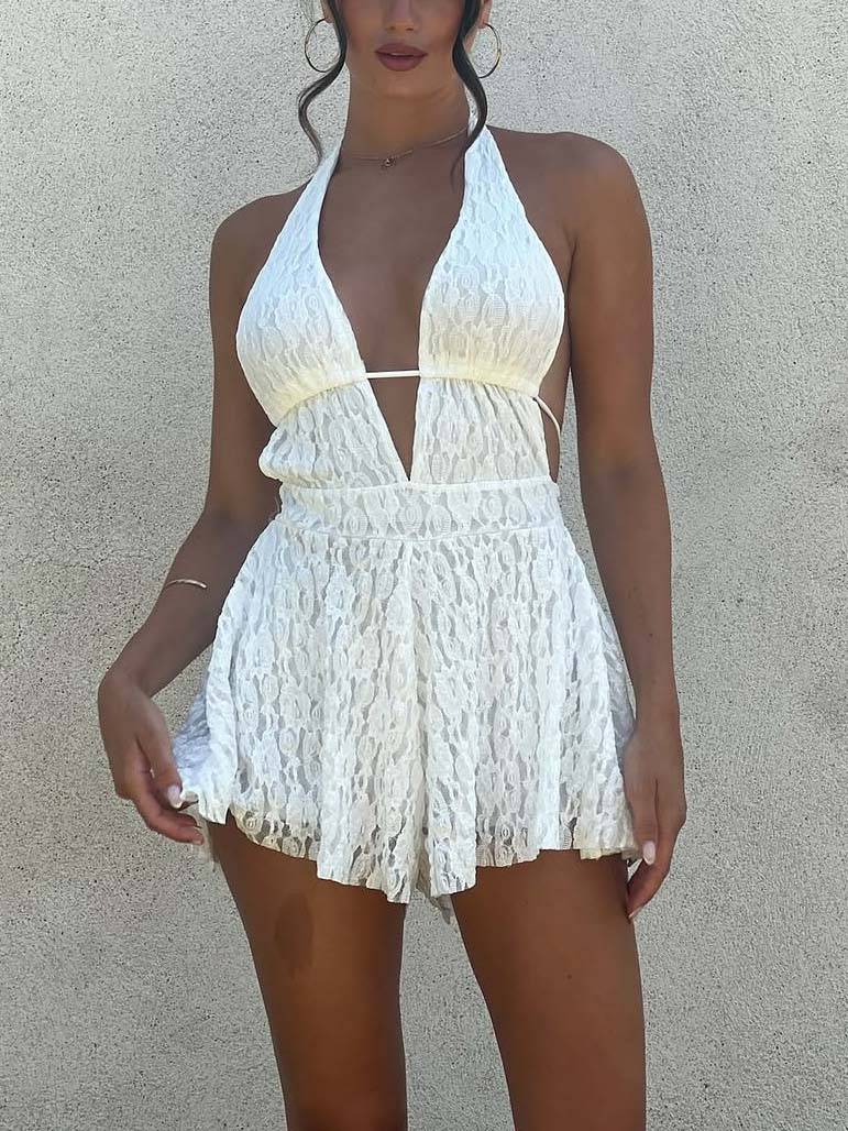 Deep V-Backless Lace Mini Jumpsuit White