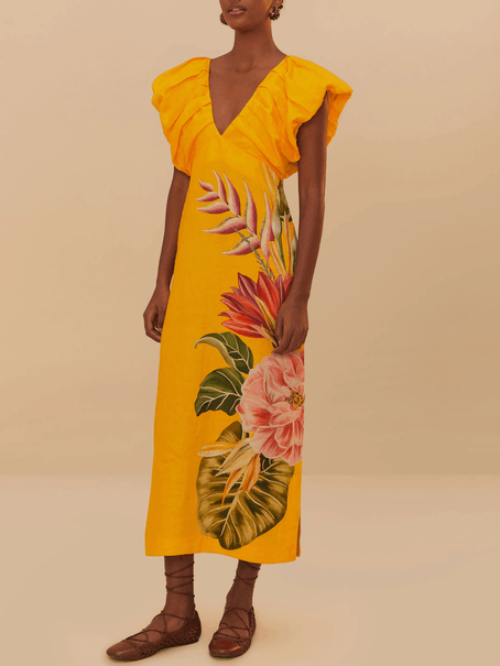 V-neck Pleated Print Dress Yellow