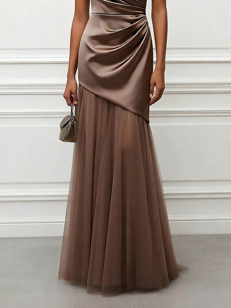 Elegant Strapless Draped Satin Evening Gown Maxi Dress
