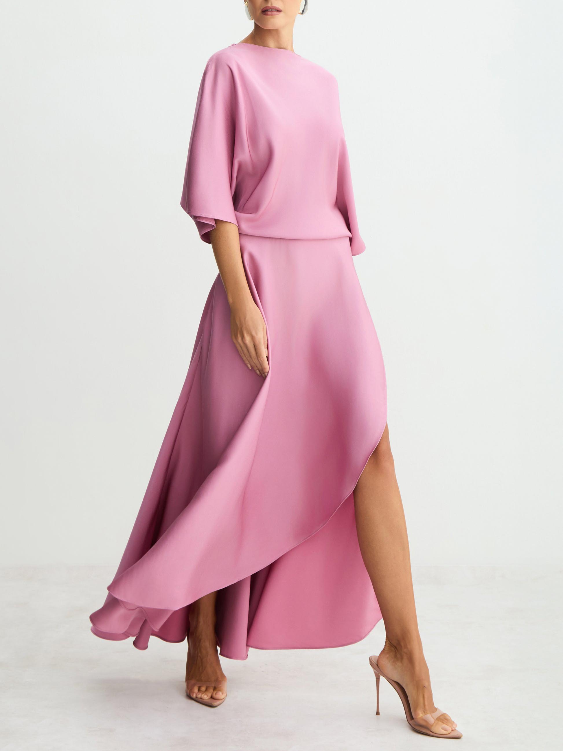 Elegant Satin Flowing Wrap Midi Dress Purple