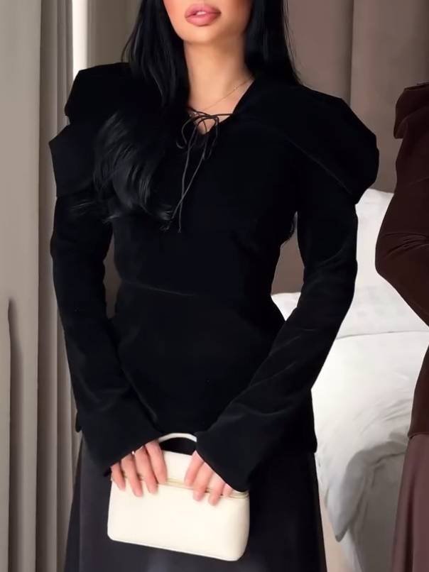 Vintage Velvet Shirt And Skirt Suit-Shirt Black