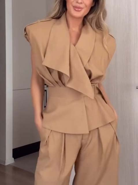 Vintage Belt Vest And Shorts Set - Vest Khaki