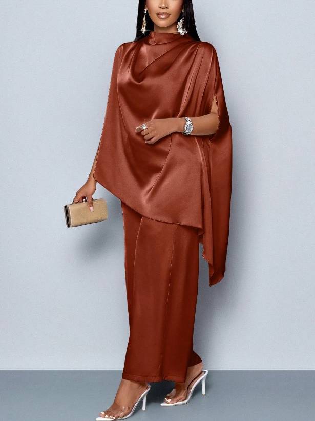 Swing Collar Irregular Hem Shirt And Wide Leg Pants Suit Brown