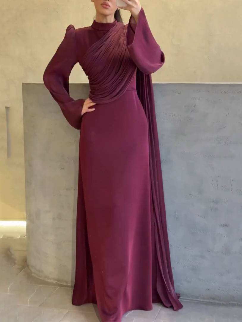 Pleated Design Ribbon Maxi Dress Wine Red