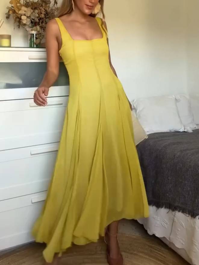 Square Collar Sling Dress Yellow