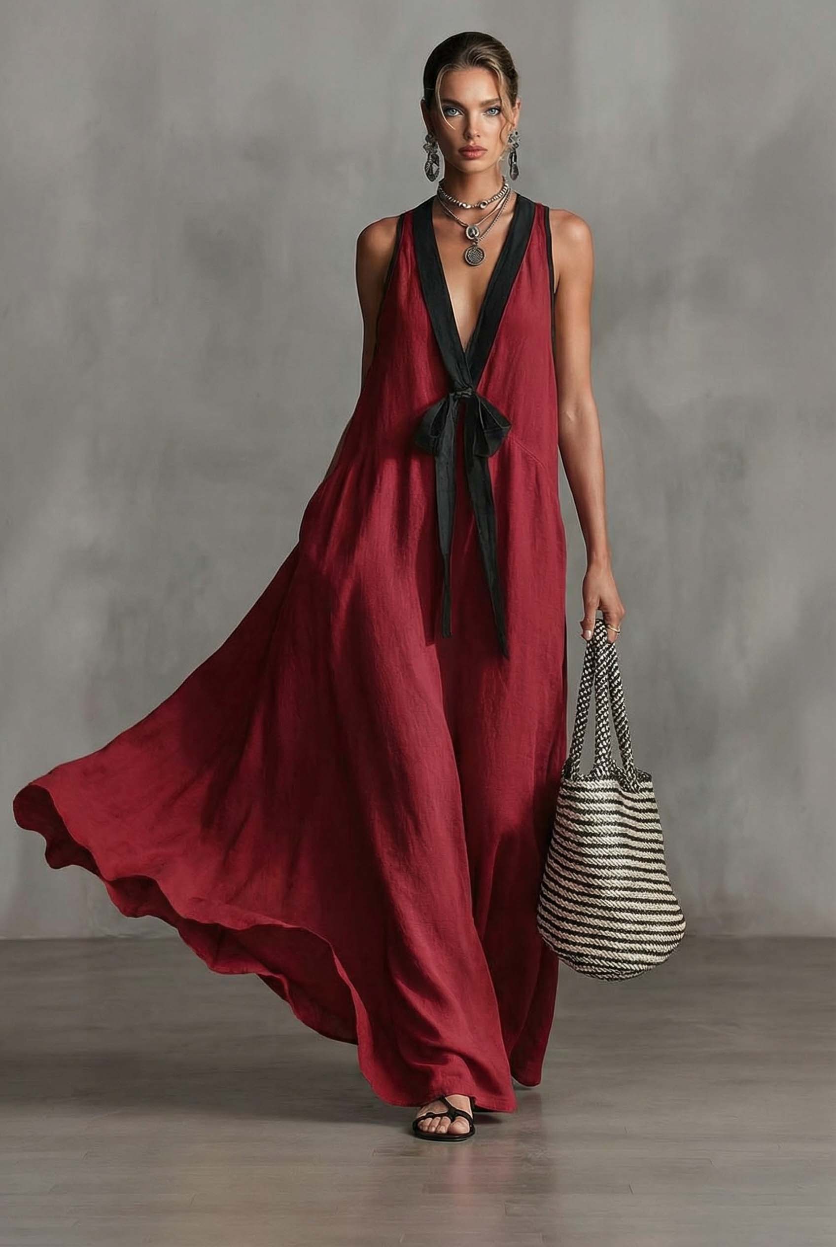 V-neck Bow-Knot A- Line Dress Red