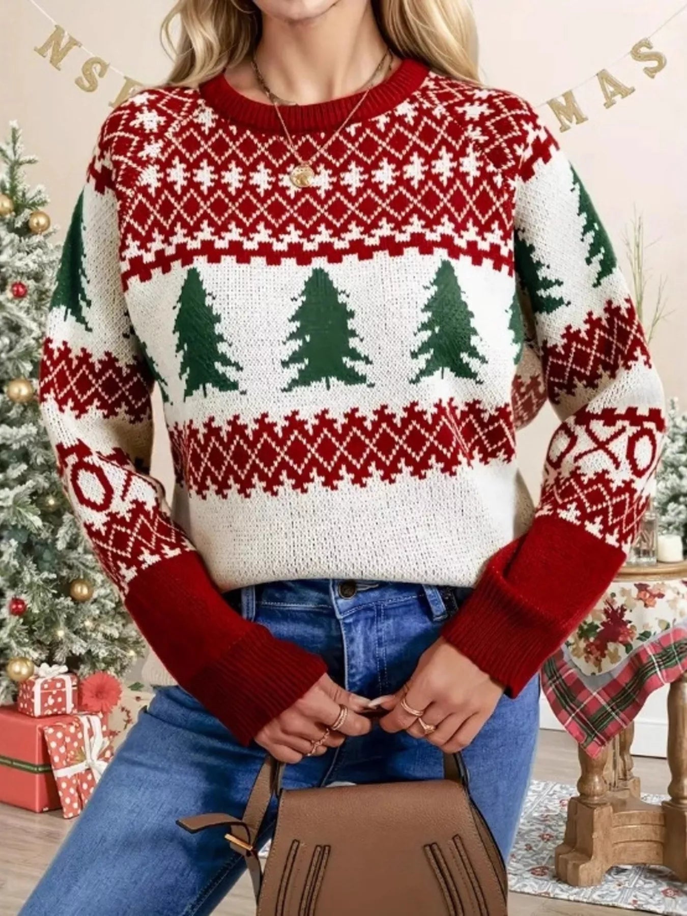 Christmas Tree Pattern Round Neck Sweater