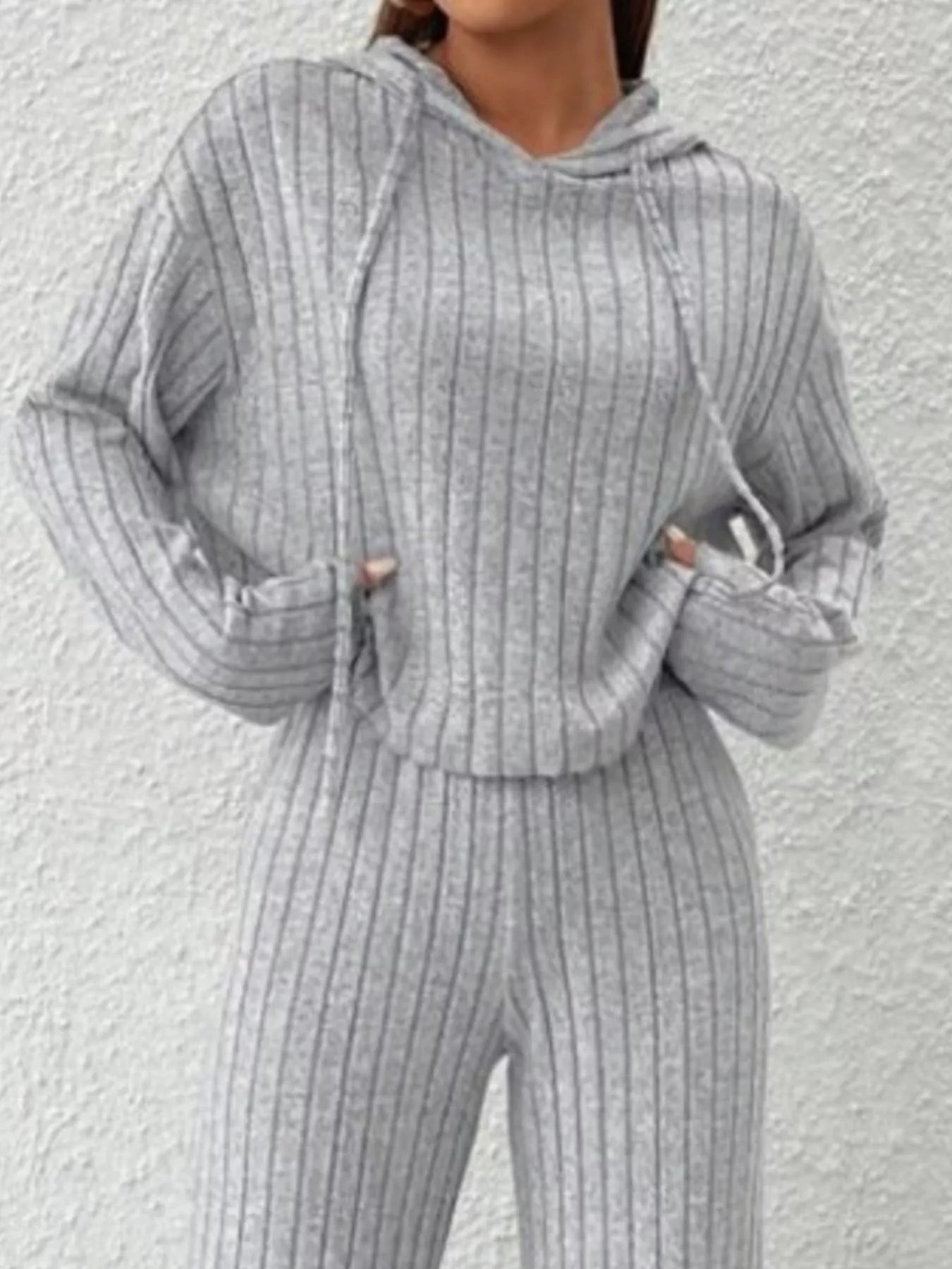 Ribbed Knit Hoodie & Wide Leg Pants Set