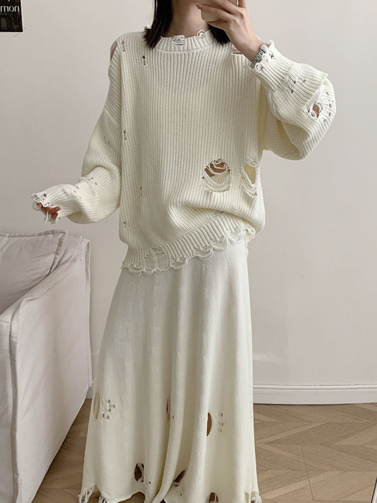 Distressed Long Sleeve Sweater and Skirt Set Off White One Size