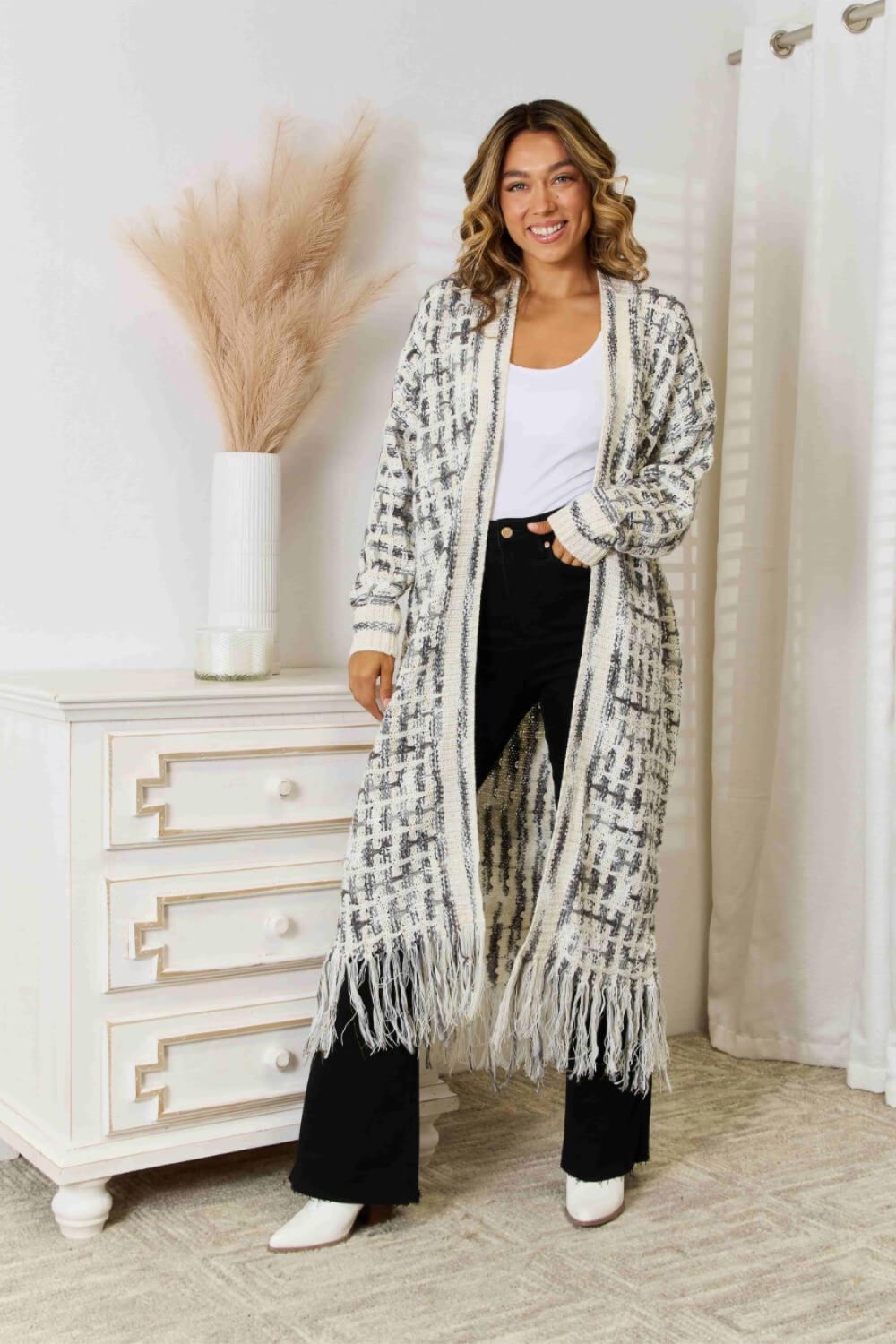 Multicolored Open Front Fringe Hem Cardigan Black White