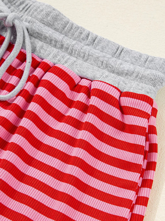 Women's Strawberry Stripe Drop Shoulder Baggy Top & Shorts Set – Casual Lounge Two Piece Outfit